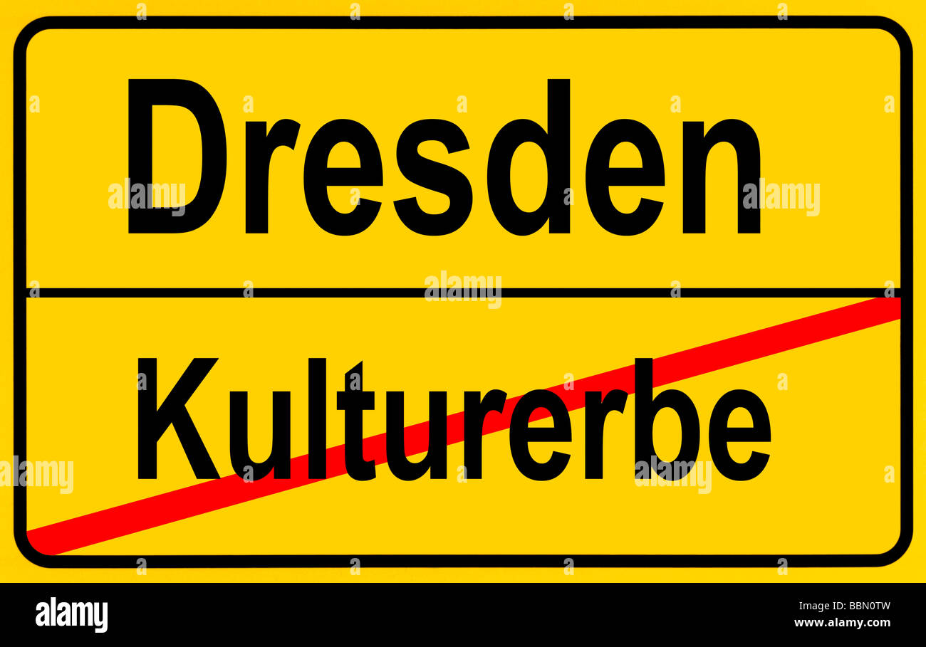 Firmar los límites de la ciudad, imagen simbólica para el final del sitio del Patrimonio Mundial de la Dresden Foto de stock