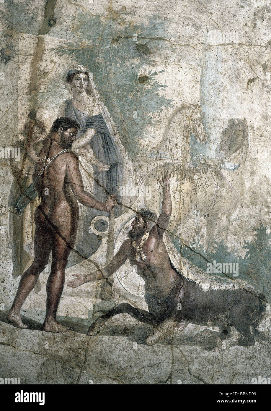 Heracles, deidad griega y héroe divino, de longitud completa, con centauro, fresco de Pompeya, siglo I DC, Museo Nacional de Nápoles, Foto de stock