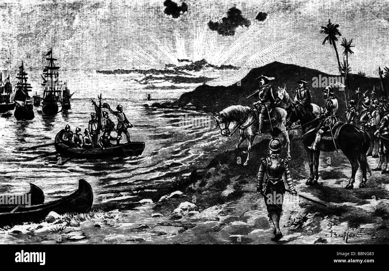 Cortes, Hernán, 1485 - 2.12.1547, conquistador español, dejando a Cuba para la conquista de México, grabado de madera, siglo 19, Foto de stock