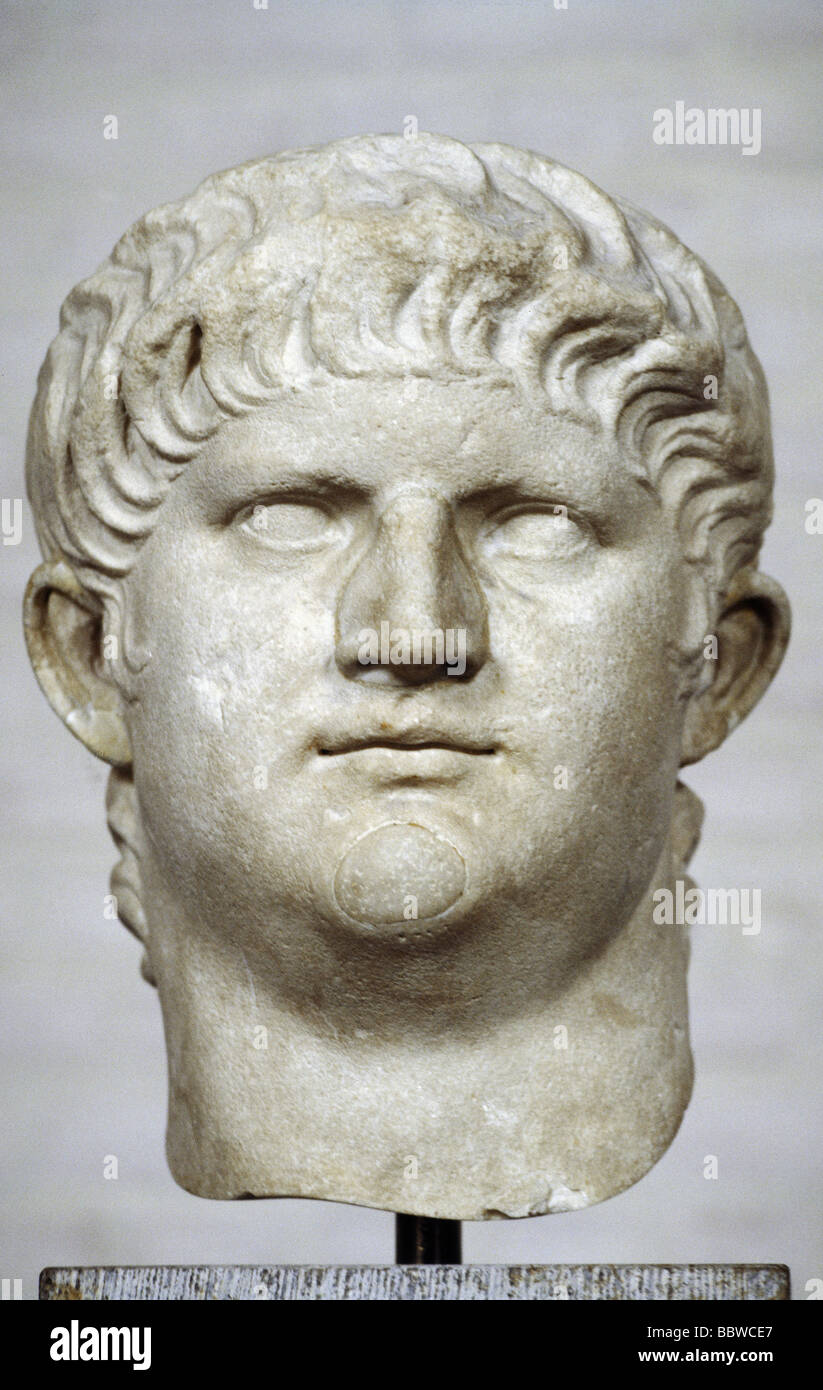 Nero Claudius Caesar, 15.12.37 - 9.6.68, el emperador romano 13.10.54 - 9.6.68, retrato, busto, cabeza de una estatua, 65 - 67 AD, Glyptoth Foto de stock
