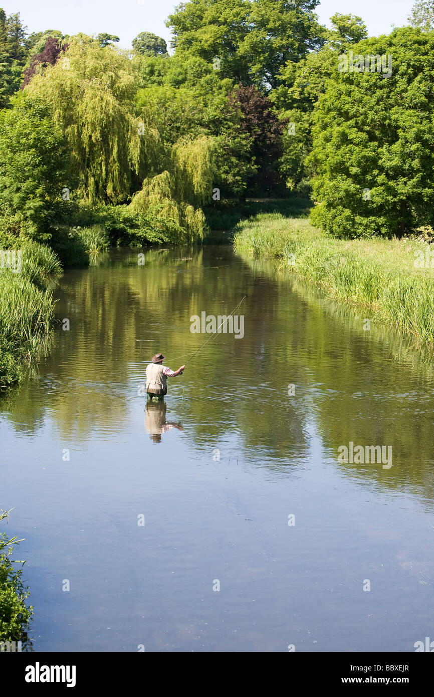 Pescador con mosca casting de truchas en el río. Foto de stock