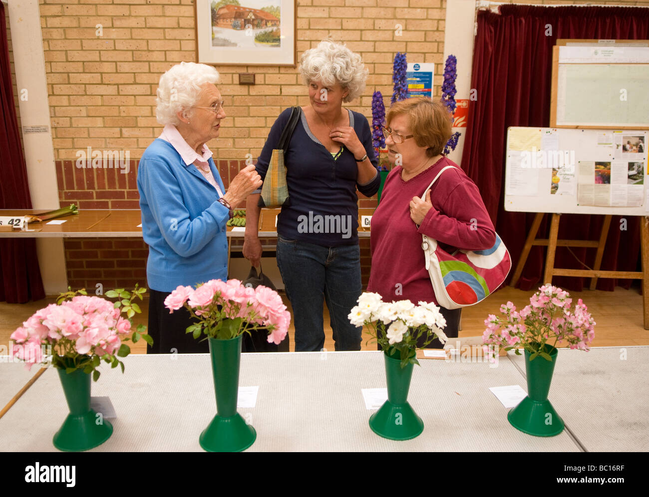 Los visitantes examina las entradas de Chiddingfold Flower Show, Salón Village, Chiddingfold, Haslemere, Surrey, Reino Unido Foto de stock