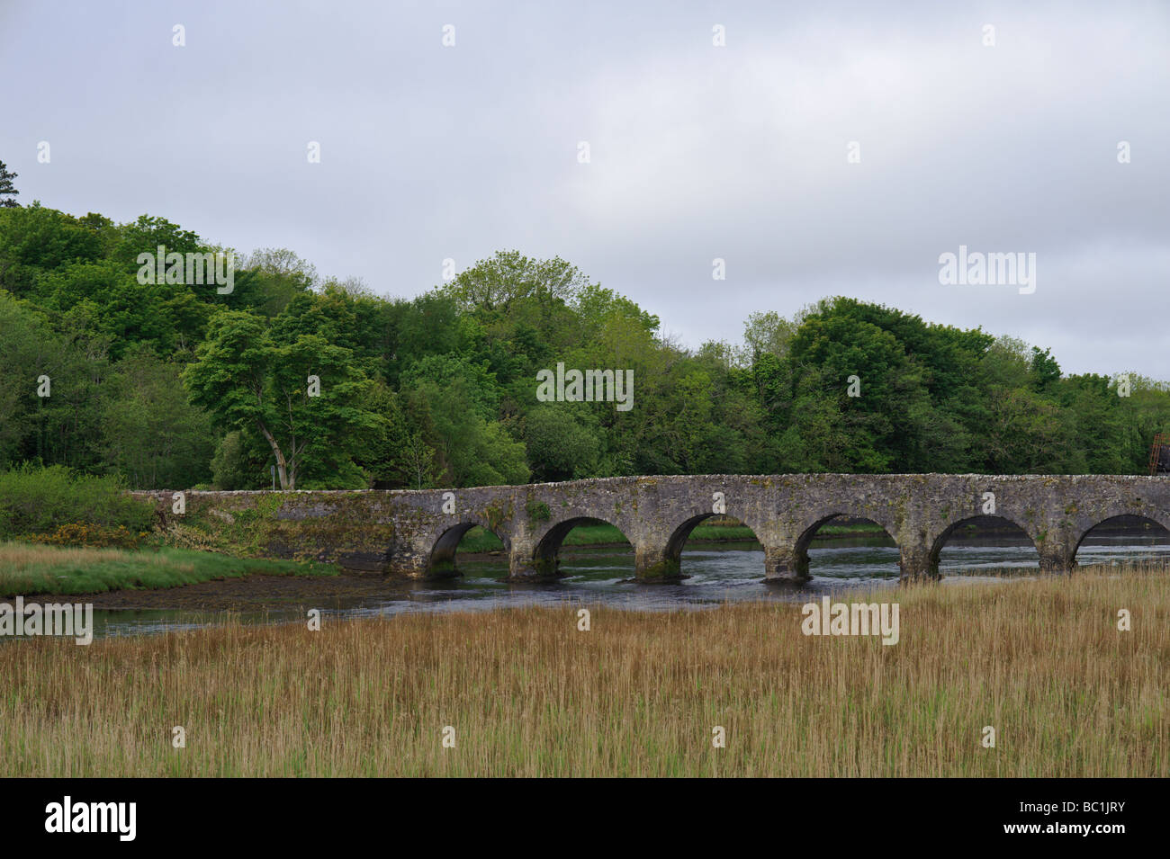 Puente de arcos de piedra cerca de Newport, en el condado de Mayo, Irlanda Foto de stock