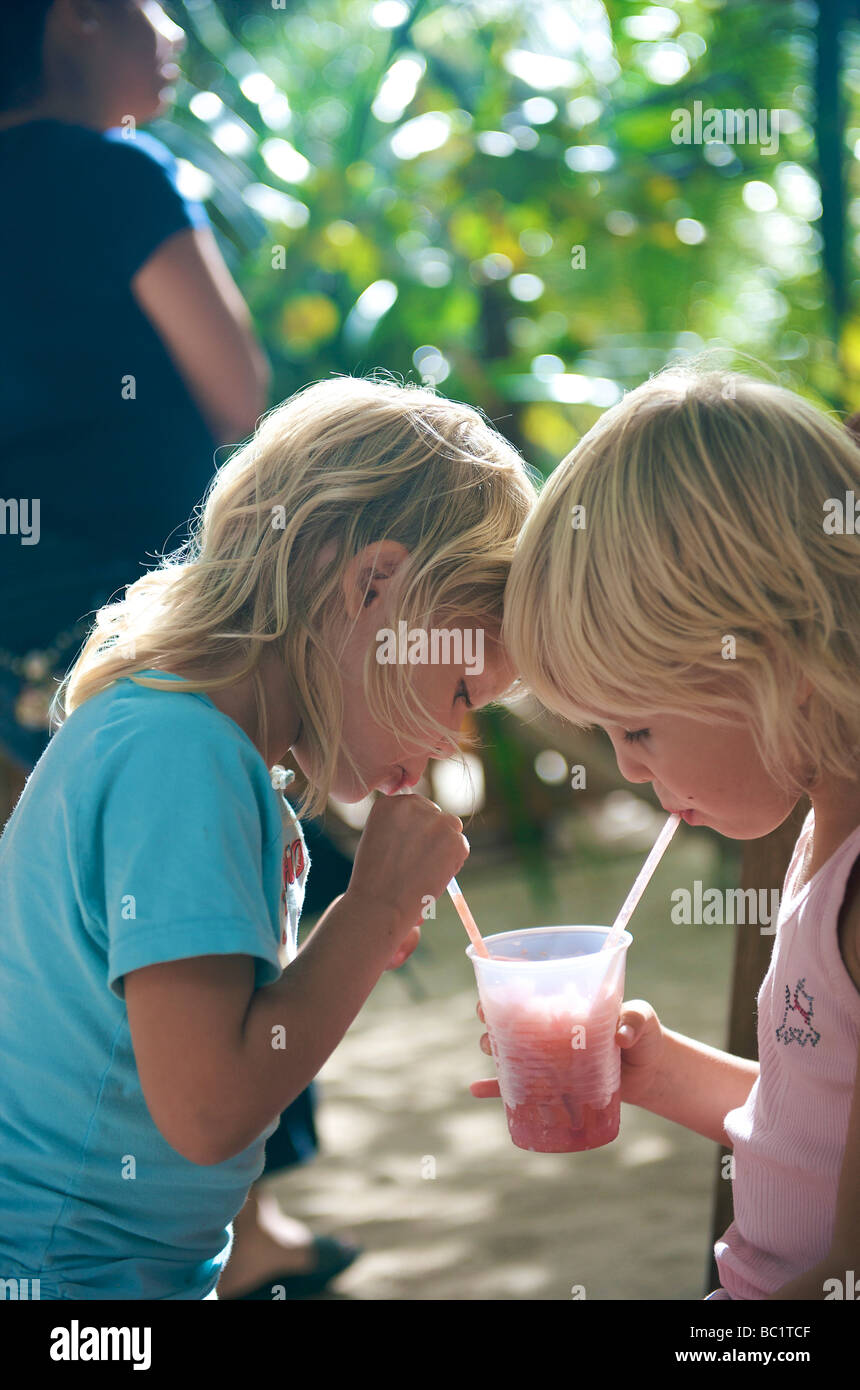 Dos jóvenes amigos bebiendo un cóctel de frutas juntos Foto de stock
