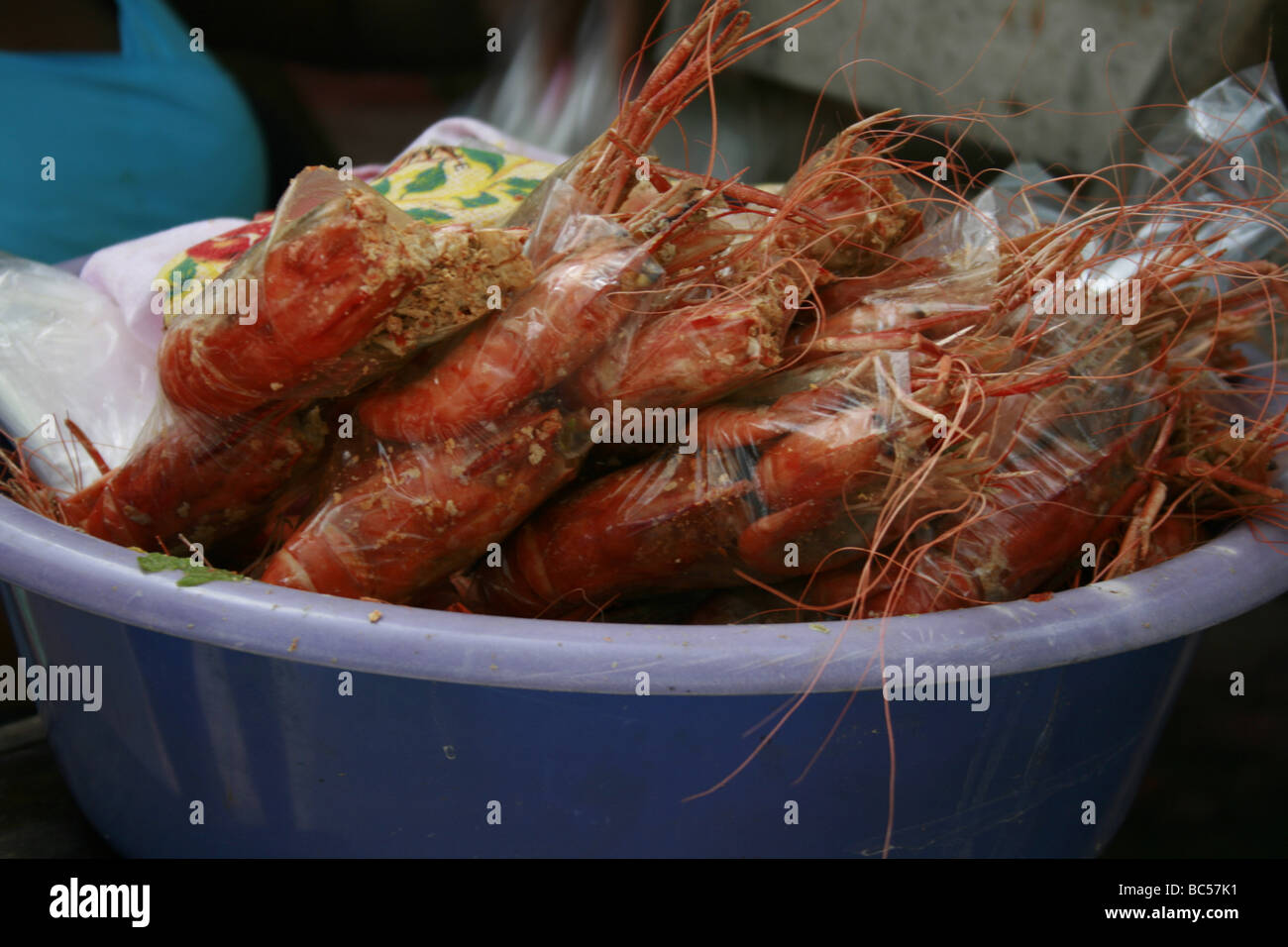 Rocoto camarones pescados de río negro están a la venta en un establo en trimestres centrales, Jamaica Foto de stock