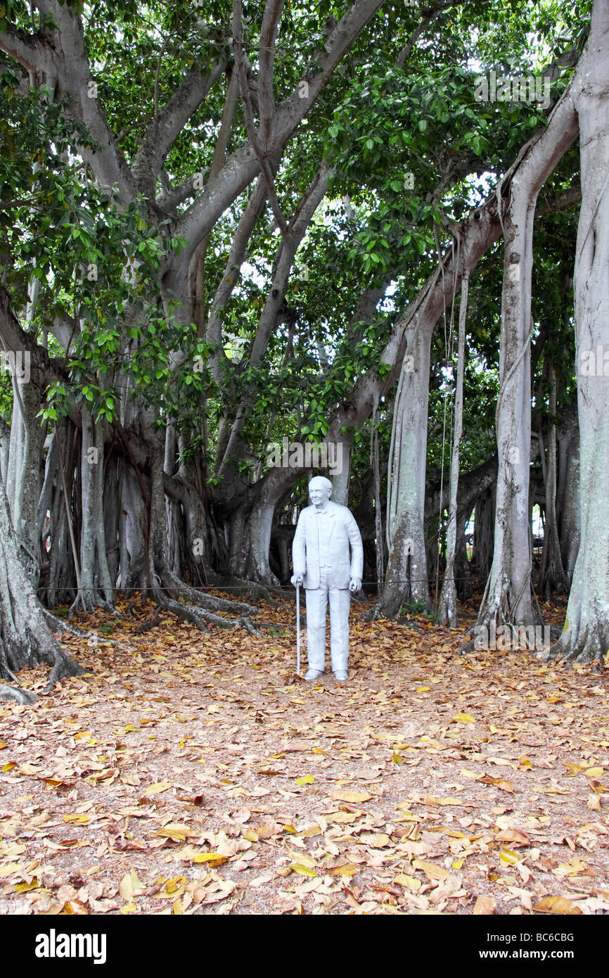 Estatuto de Thomas Edison en frente de Banyan Tree Edison Winter break Fort Myers Florida Foto de stock
