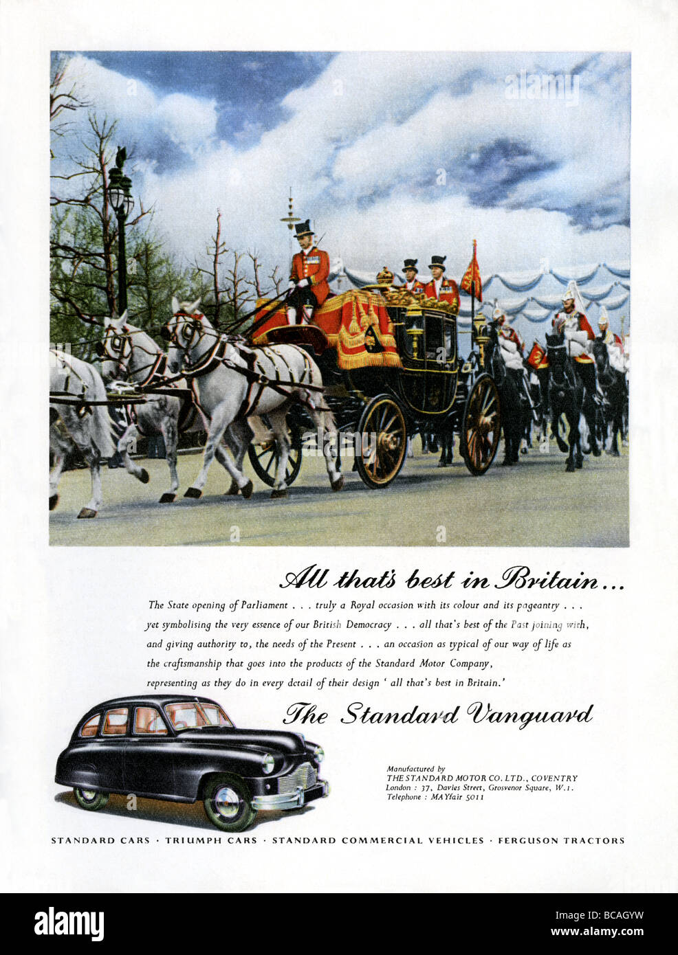 1951 color estándar de publicidad para el coche de vanguardia con una ilustración de la ceremonia de apertura del parlamento Foto de stock