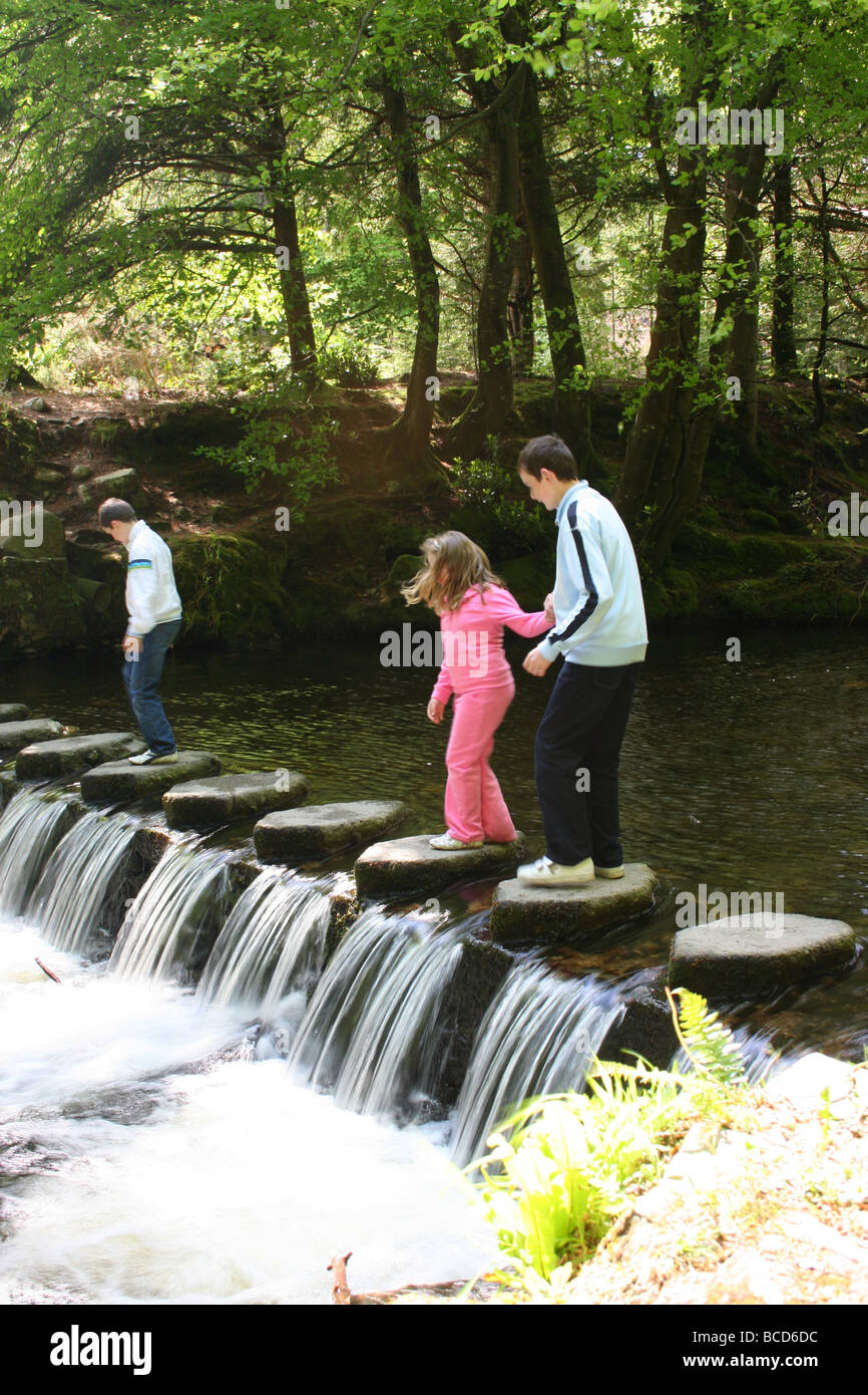 Niños jugando en el Stepping Stones sobre el río Shimna Tollymore Park, Condado de Down, Irlanda del Norte Foto de stock