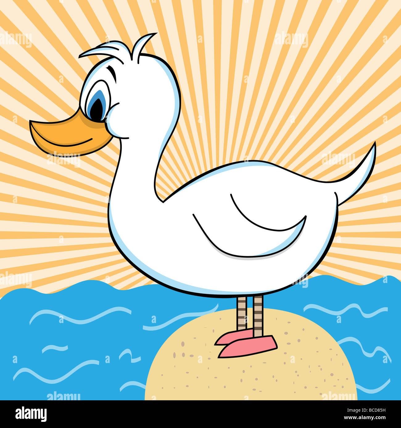 Personaje de dibujos animados pato blanco de pie sobre una roca, rodeado por el océano. Sunburst fondo naranja Fotografía de stock - Alamy Personaje de dibujos animados pato blanco de pie sobre una roca, rodeado por el océano. Sunburst fondo naranja Fotografía de stock - Alamy