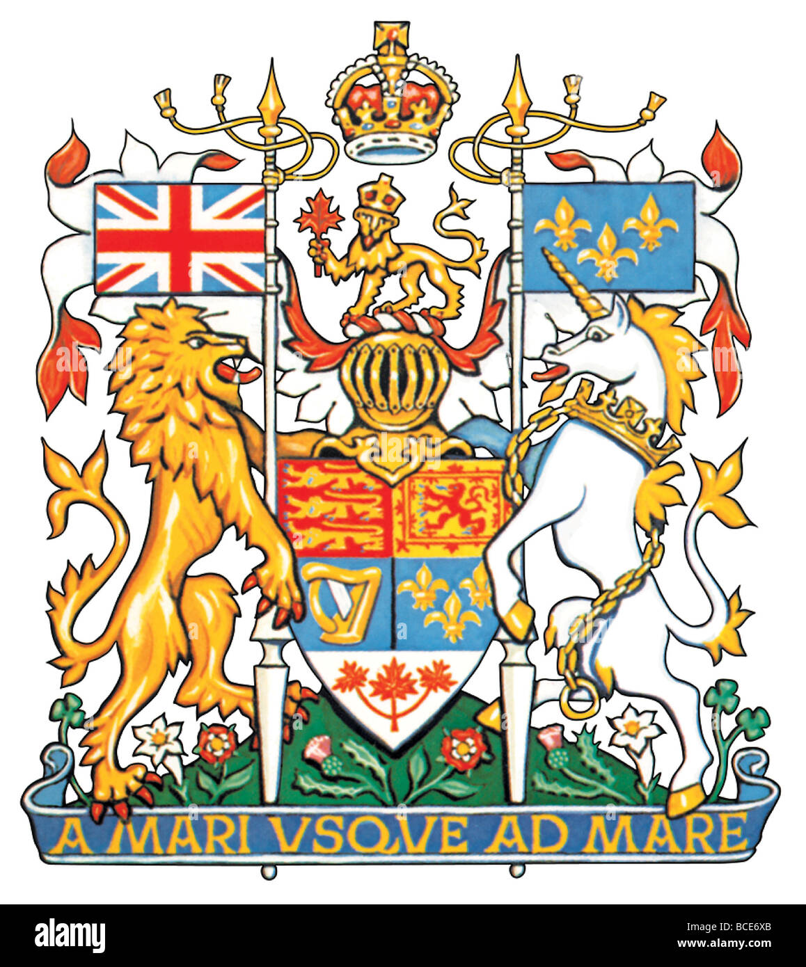 El escudo de armas de Canadá, derivado de las armas reales del Reino Unido, también representa la tradición francesa y lazos. Foto de stock