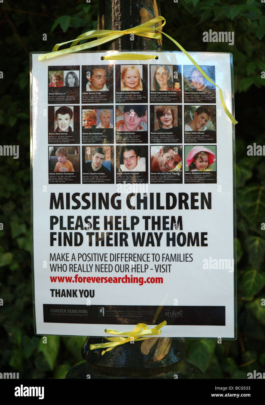 Póster de niños desaparecidos, Inglaterra, Reino Unido. Foto de stock