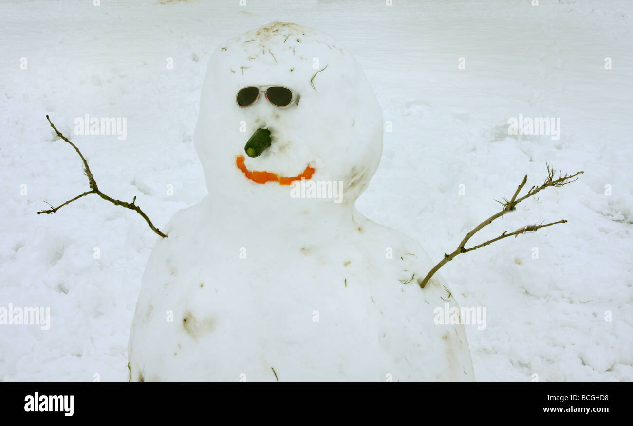 Cool dude snowman con cáscara de naranja sonrisa y sombras Foto de stock