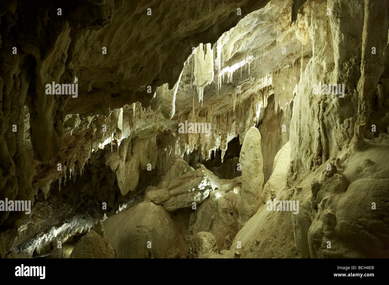 Las estalactitas y estalagmitas Sur Gloria Cueva Yarrangobilly Caves Kosciuszko Parque Nacional Montañas nevadas de Nueva Gales del Sur Austra Foto de stock