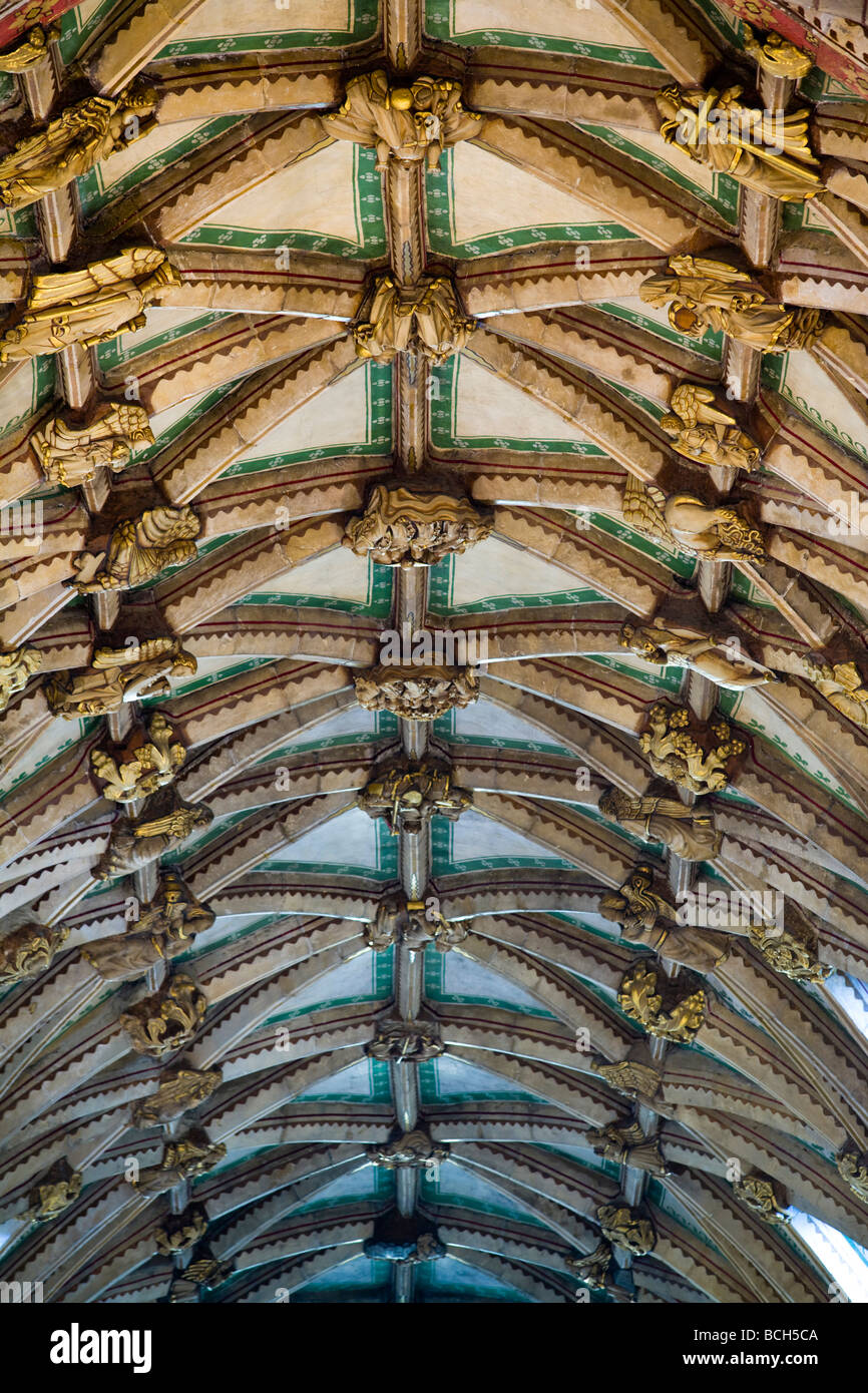 El colorido techo abovedado de la abadía de Tewkesbury, Gloucestershire, Reino Unido Foto de stock