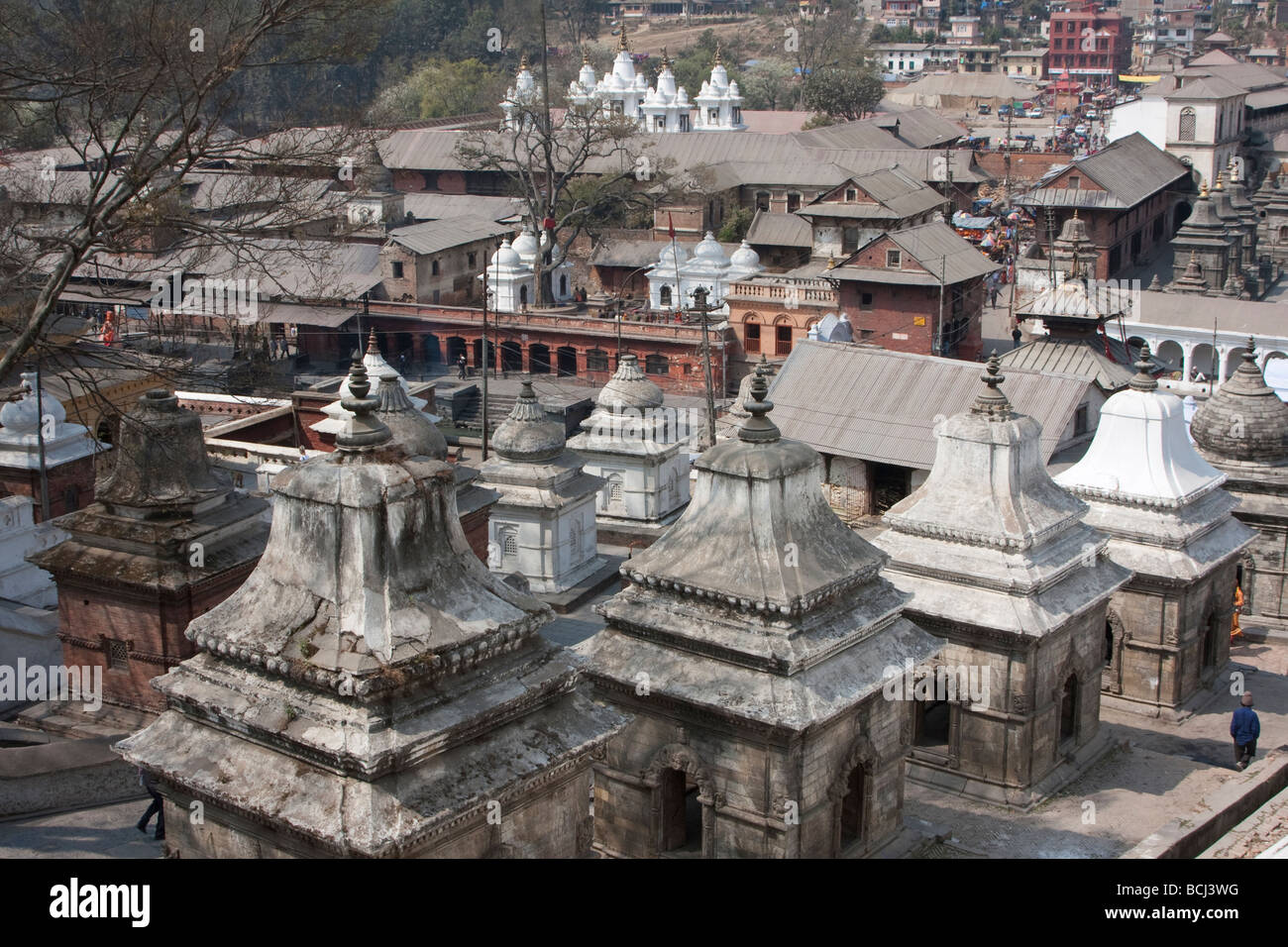 Pashupatinath, Katmandú, Nepal. Capillas votivas, Chaityas, monumentos funerarios, Memoriales, con vistas al templo. Foto de stock
