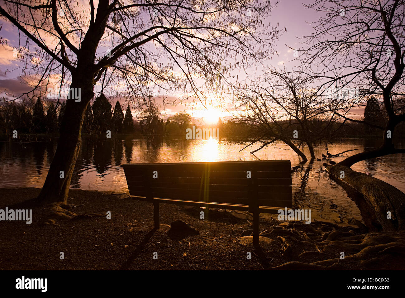 Puesta de sol sobre el lago Foto de stock
