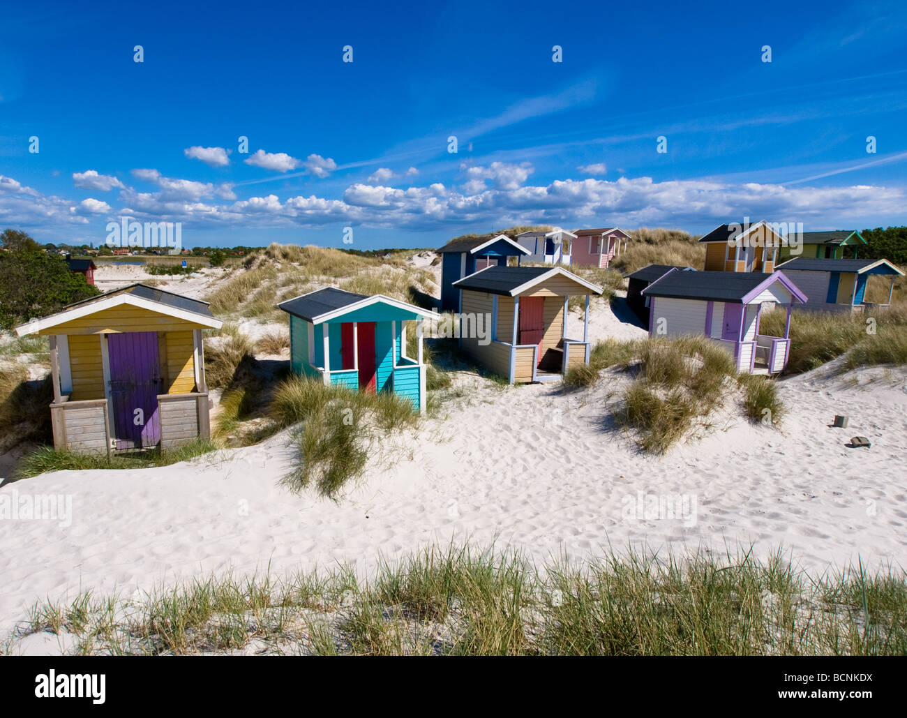 Coloridas casetas de playa la línea en Skanor-Falsterbo Oresund, Suecia. Foto de stock