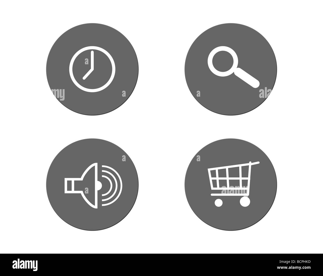 Conjunto de cuatro pictogramas botón negocio representando el tiempo lupa compras y el volumen de los altavoces Foto de stock