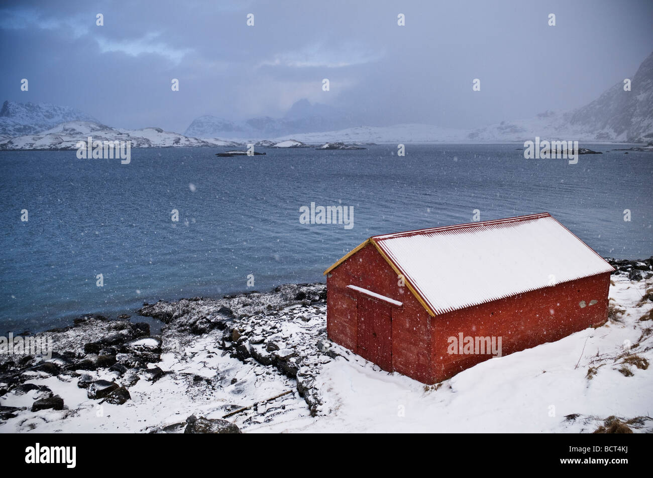 Hangar cubierto de nieve en tierra de Selfjord en invierno, cerca de Fredvang, Moskenesoy, islas Lofoten, Noruega Foto de stock