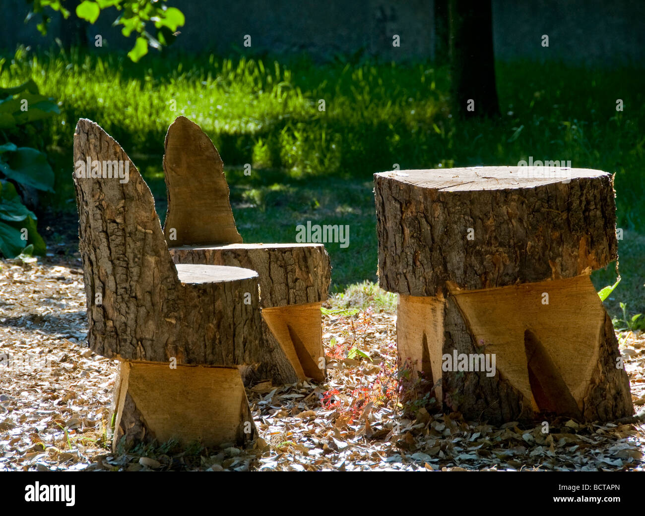 Florecer Gángster El diseño Mesa y sillas de jardín rústico tallado en un viejo tronco de árbol en el  jardín Fotografía de stock - Alamy