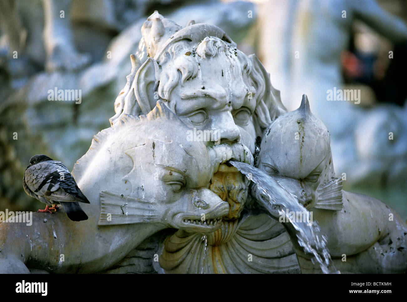 Fuente escultura, criatura marina con pescado del Moro, la Fontana de Trevi, Piazza Navona, Roma, Lazio, Italia, Europa Foto de stock