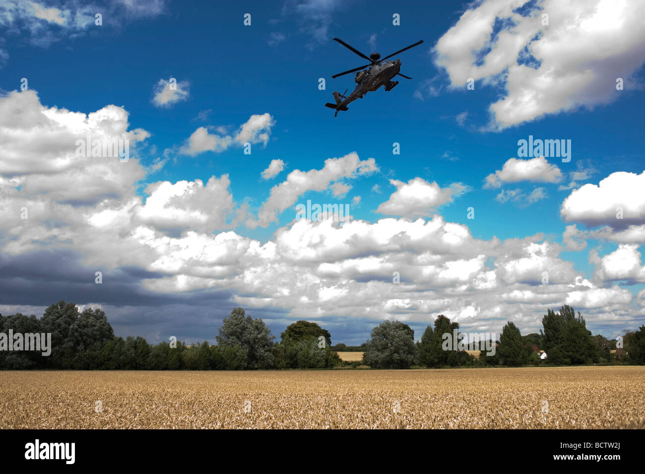 Apache helicóptero de ataque del Cuerpo Aéreo del Ejército Británico Wattisham formación Boeing AH 64D campos de trigo baja volando bajo Suffolk Essex shoo Foto de stock