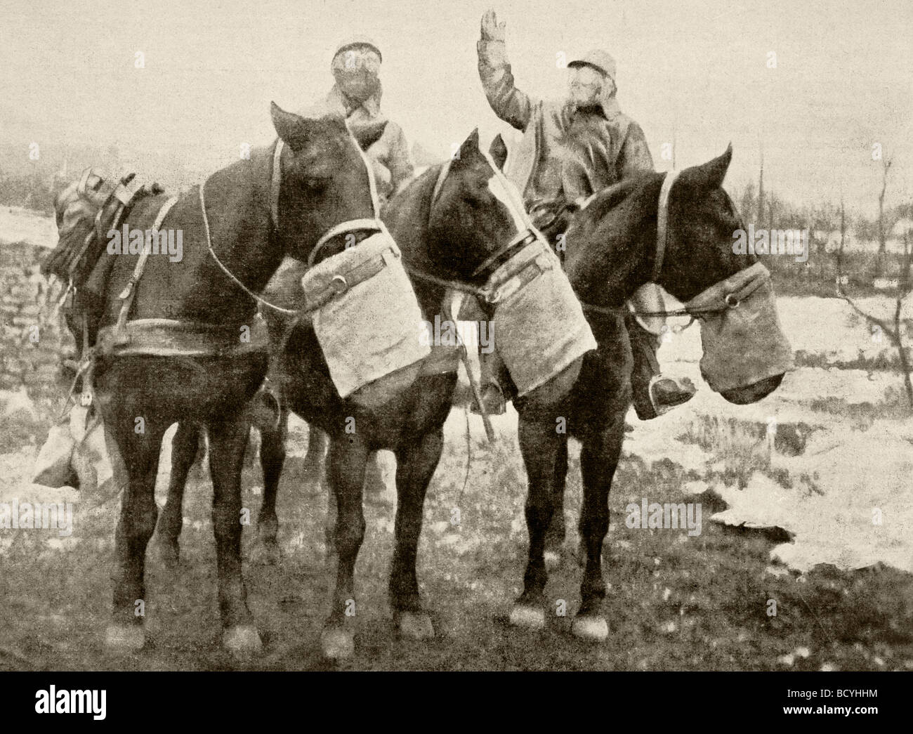 Hombres y caballos con máscaras de gas. Foto de stock