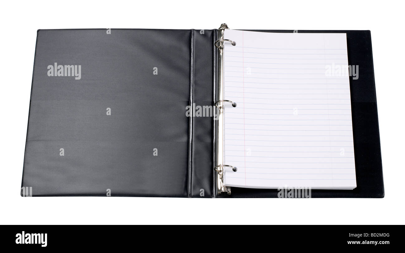 Abra el cuaderno de negro con hojas sueltas de papel vista elevada Foto de stock