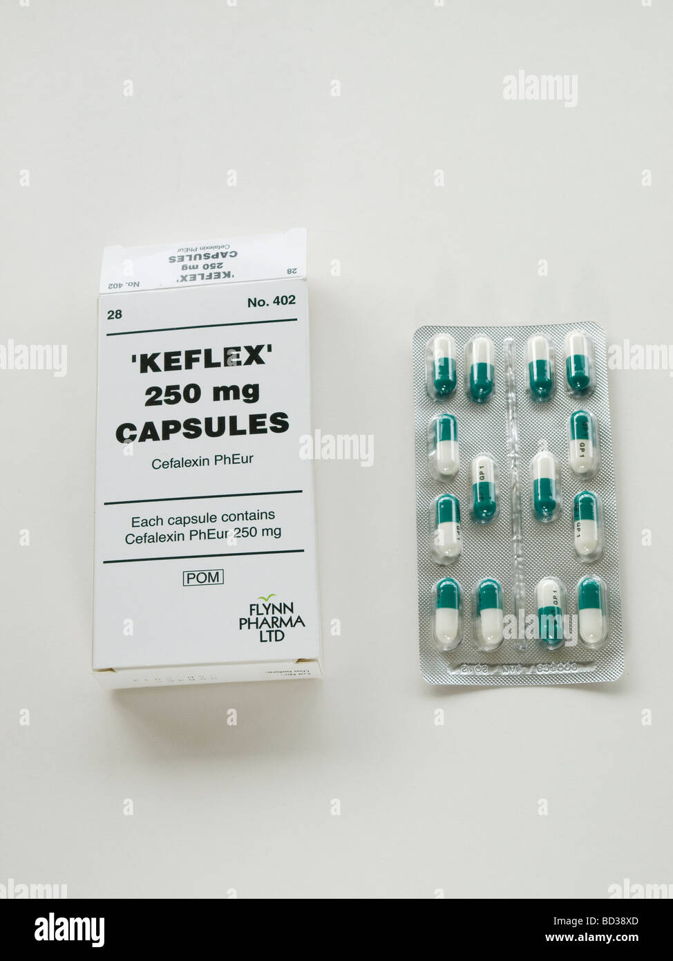 Una caja y blister de Keflex o cefalexina antibiótico 250mg cápsulas