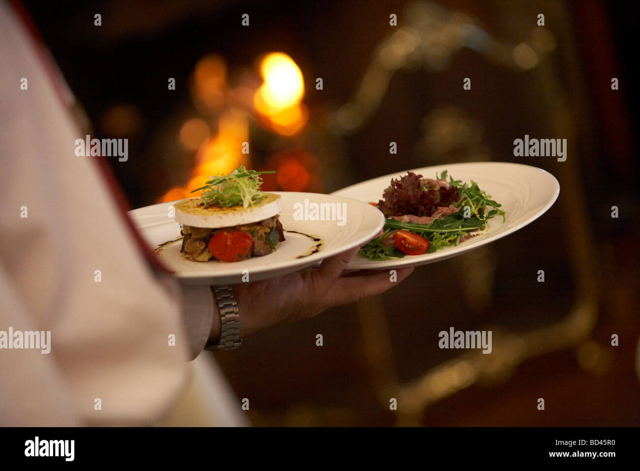 Restaurante El camarero llevar 2 platos de comida Fotografía de stock -  Alamy