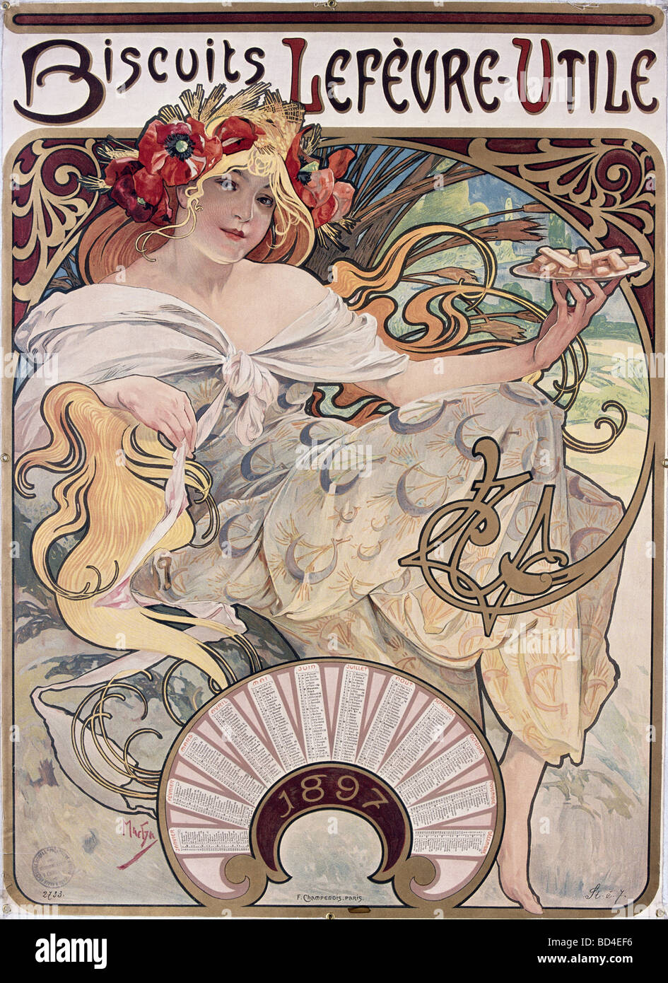 Bellas artes, Mucha, Alfons (1860 - 1939), un cartel de 1897, anuncio de galletas Lefevre-Utile, Lefèvre Utile, Art Nouveau, Alpha Foto de stock