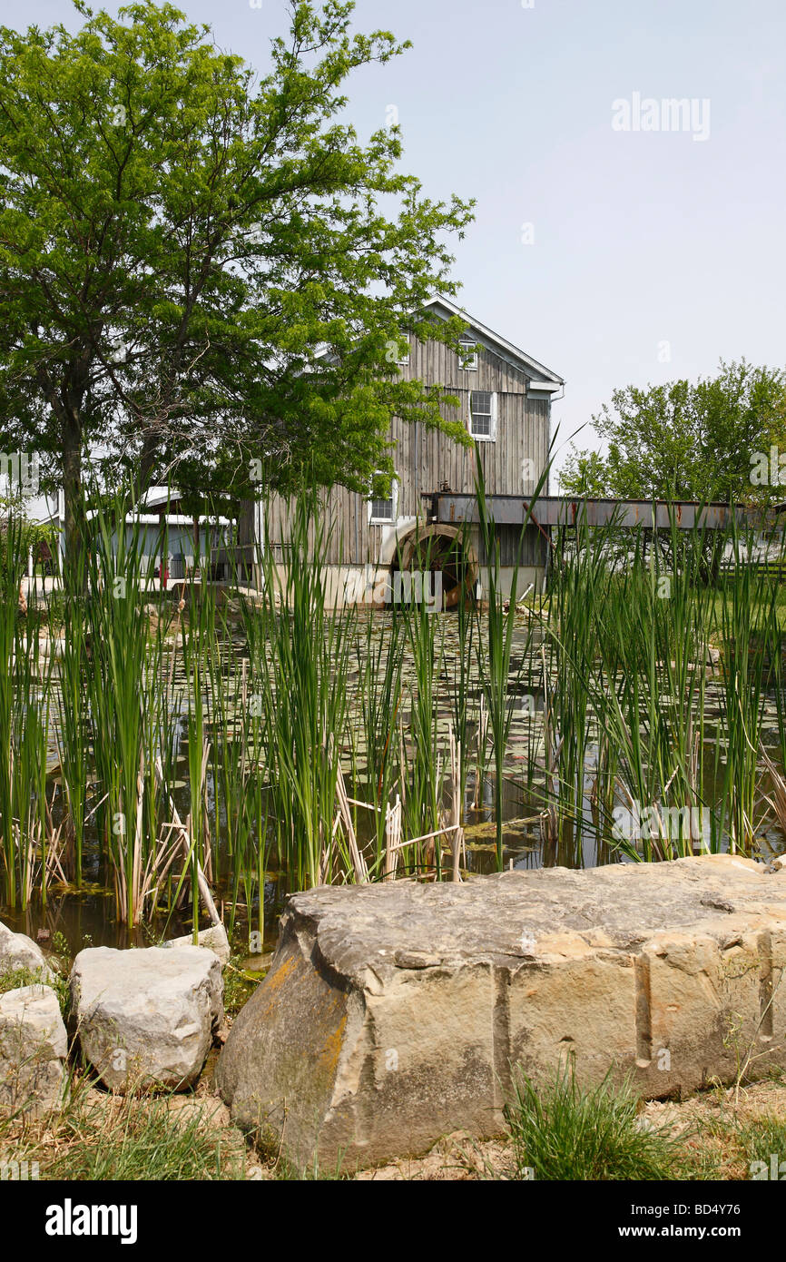 Grist mill Molino Harinero del paisaje de la vegetación del estanque de Ohio Sauder aldea agua powered American park verano EE.UU. Foto de stock
