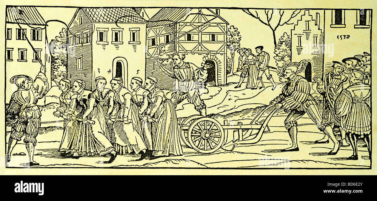 Tradición, carnaval, vírgenes tirando de carrito, woodcut, Holbein estudio, Alemania, 1532, Foto de stock