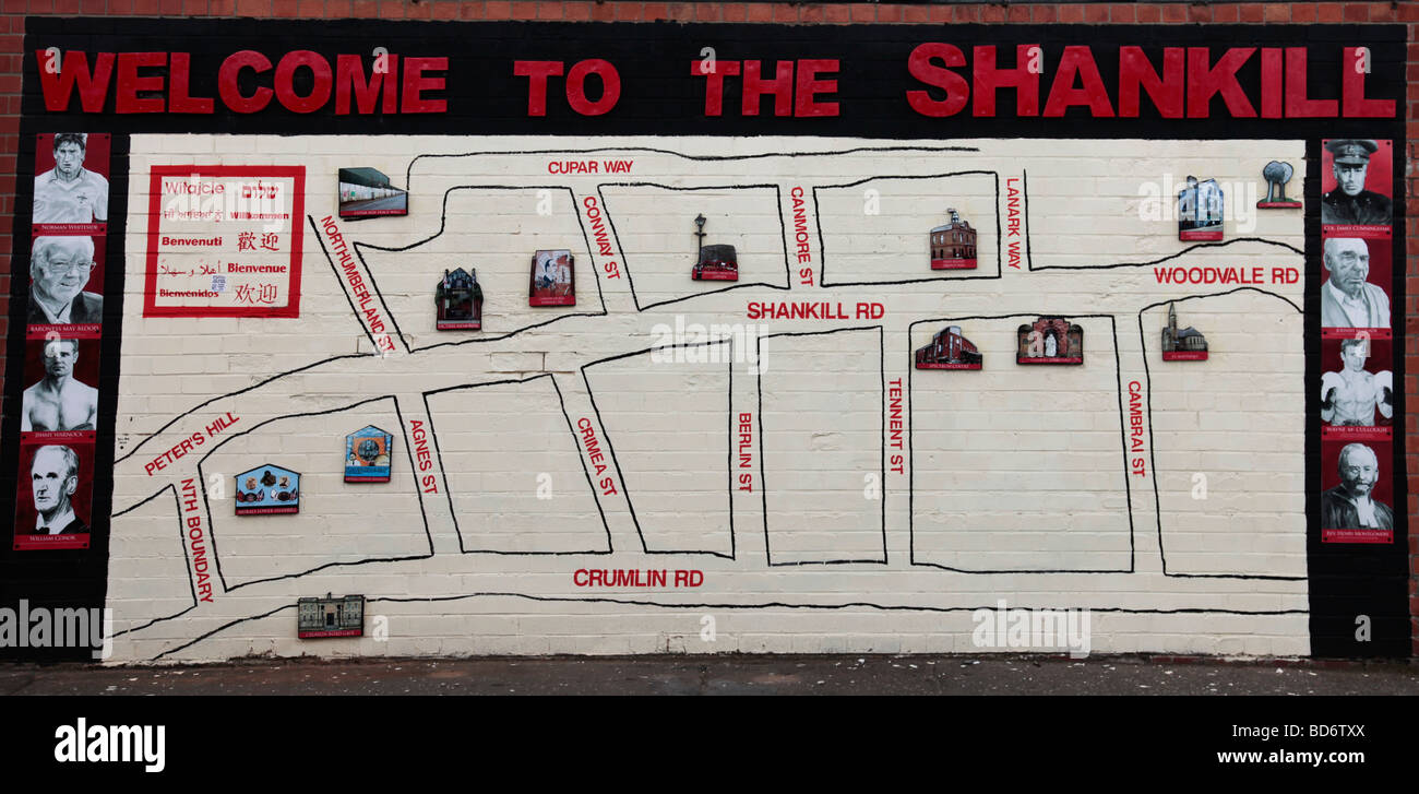 Mapa/mural mostrando las principales calles de la zona de Shankill en