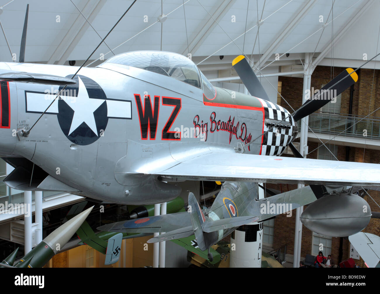 Gran hermosa muñeca, p51 d mustang aeronaves suspendidas del techo del museo imperial de la guerra. Foto de stock