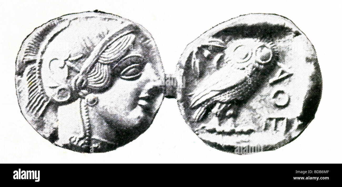 En esta ilustración se muestran los dos lados del quinto siglo A.C. la antigua moneda ateniense llamado tetradrachma. Foto de stock
