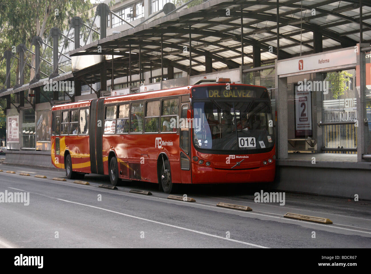Nuevo Metrobus que corre a lo largo de la Avenida Insurgentes con parada en la estación de Reforma, Ciudad de México. Foto de stock
