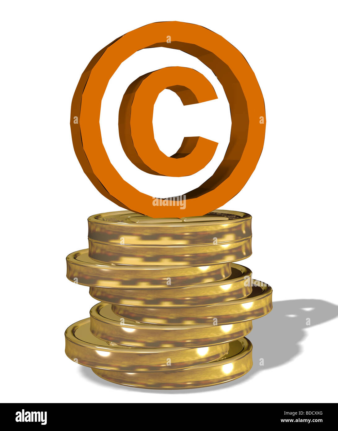 Signo de copyright sobre una pila de monedas Foto de stock