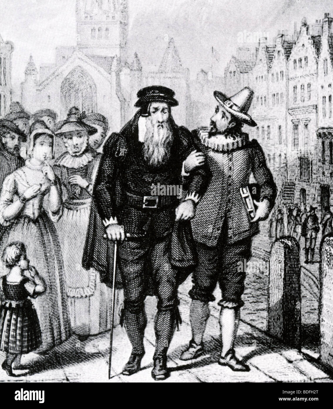 JOHN KNOX reformador escocés es ayudado a casa después de predicar su último sermón Foto de stock