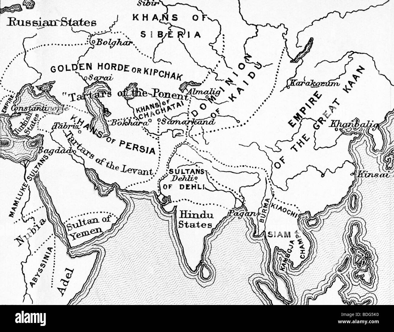 Este mapa muestra los lugares visitados por Marco Polo, el viajero veneciano y el comerciante, quien salió de Venecia en 1271. Foto de stock