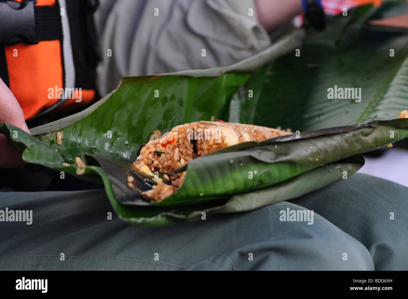 Carne, arroz y verduras envuelta en hoja de plátano, almuerzo, Río Tambopata, Perú, Amazonas, América del Sur, América Latina Foto de stock