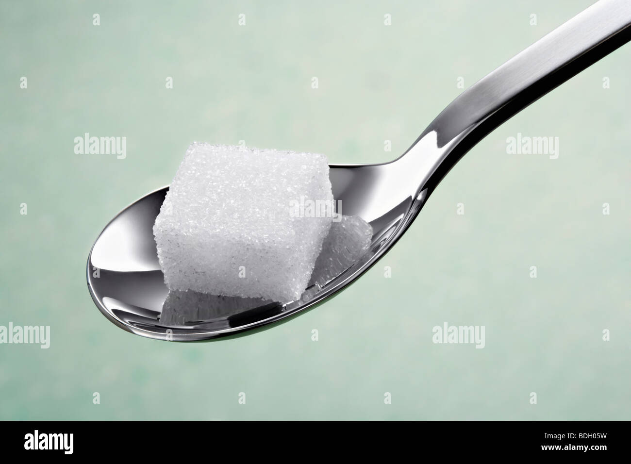 Cuchara con un pedazo de cubos de azúcar ante un fondo lightgreen Foto de stock