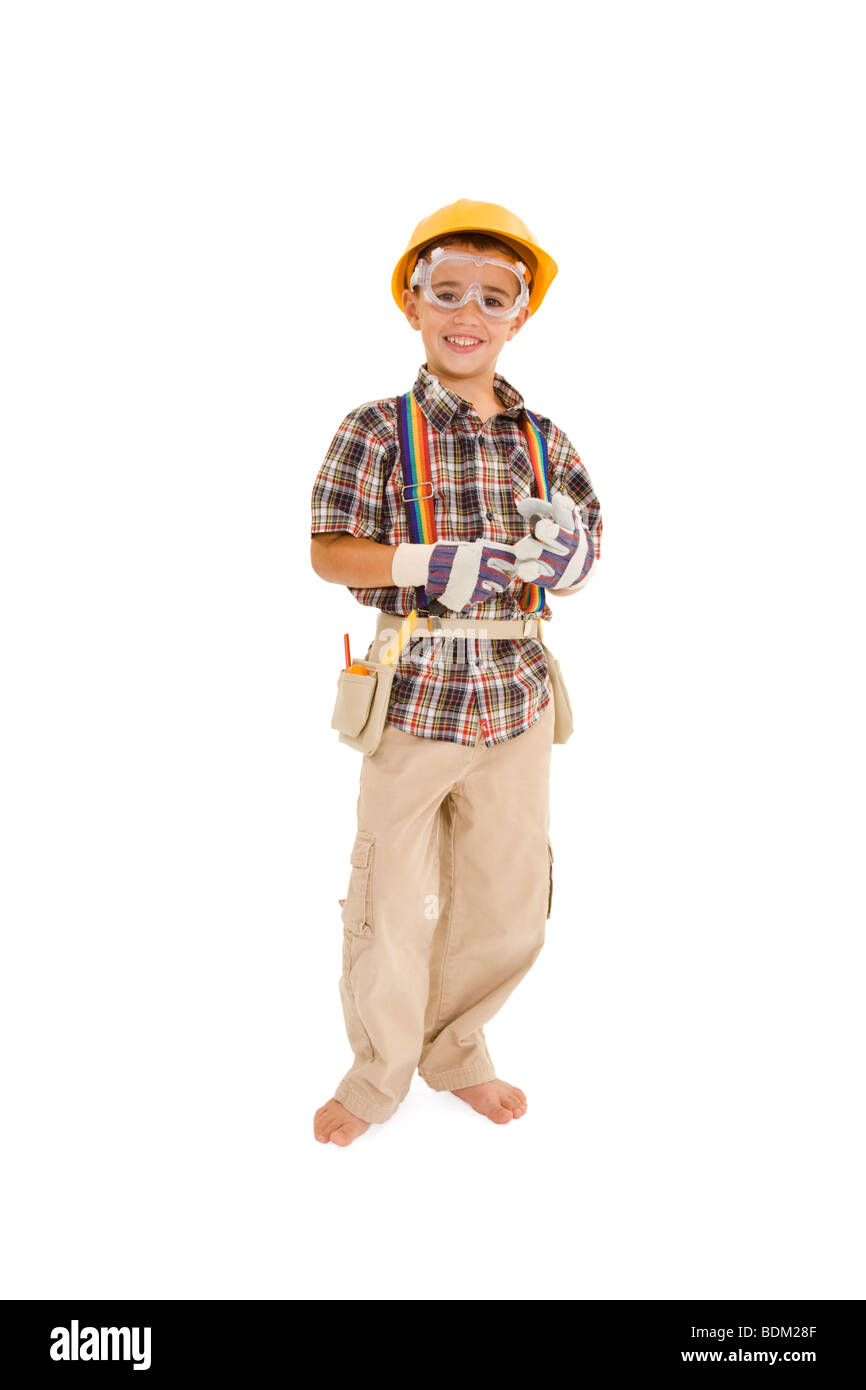 Muchacho caucásico joven vestida con un traje carpintero de pie fondo blanco Fotografía de - Alamy
