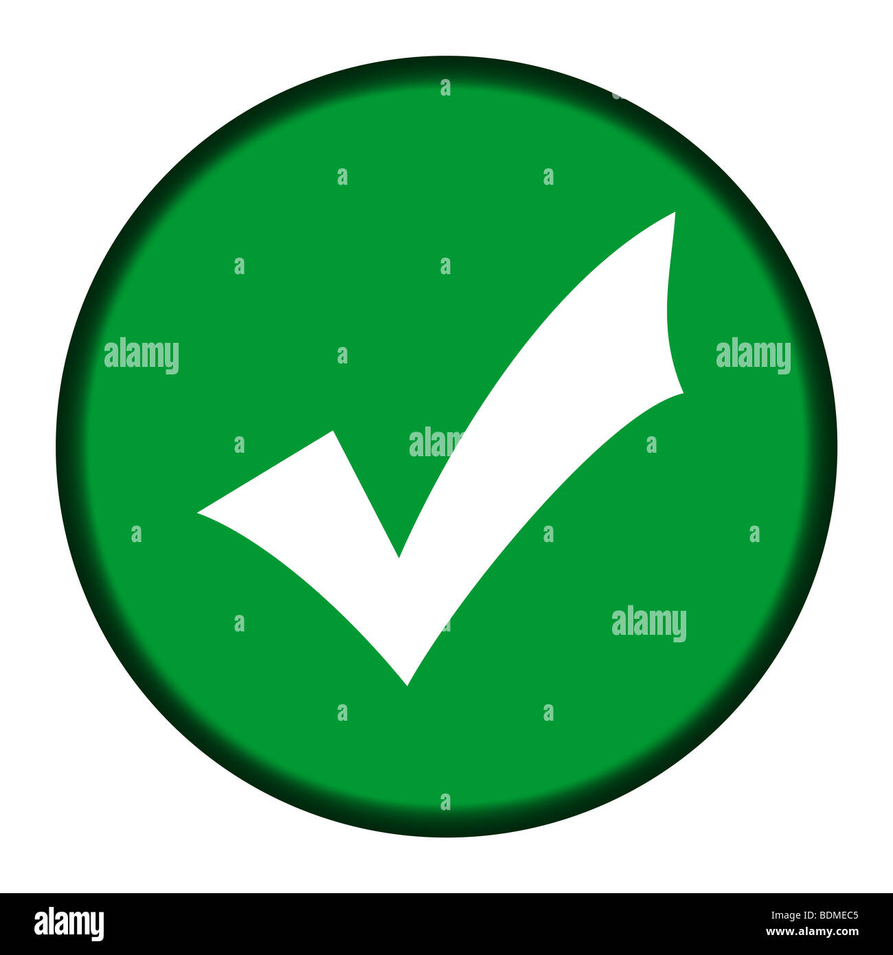 Marca verde o el botón de marca de verificación aislado sobre fondo blanco. Foto de stock