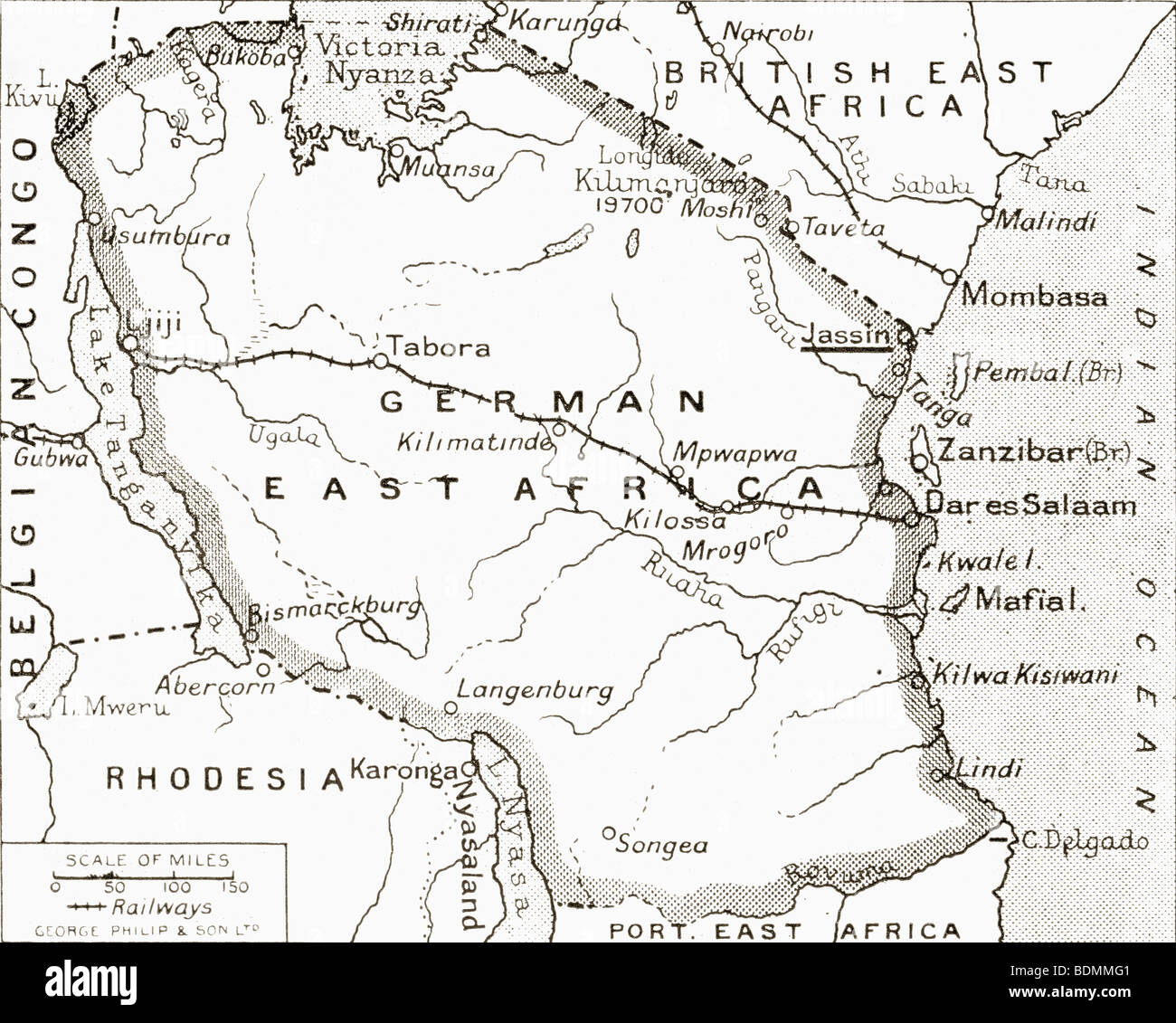 Mapa de África Oriental Alemana, mostrando Jassin, escenario de una de las campañas de Gran Bretaña. Foto de stock