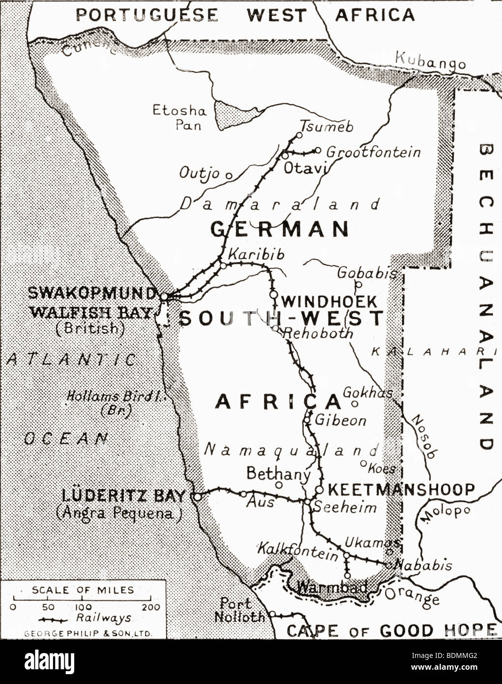 Mapa de África Sudoccidental alemana, escenario de una de las campañas de Gran Bretaña, mostrando Walfish Bay y Keetmanshoop. Foto de stock
