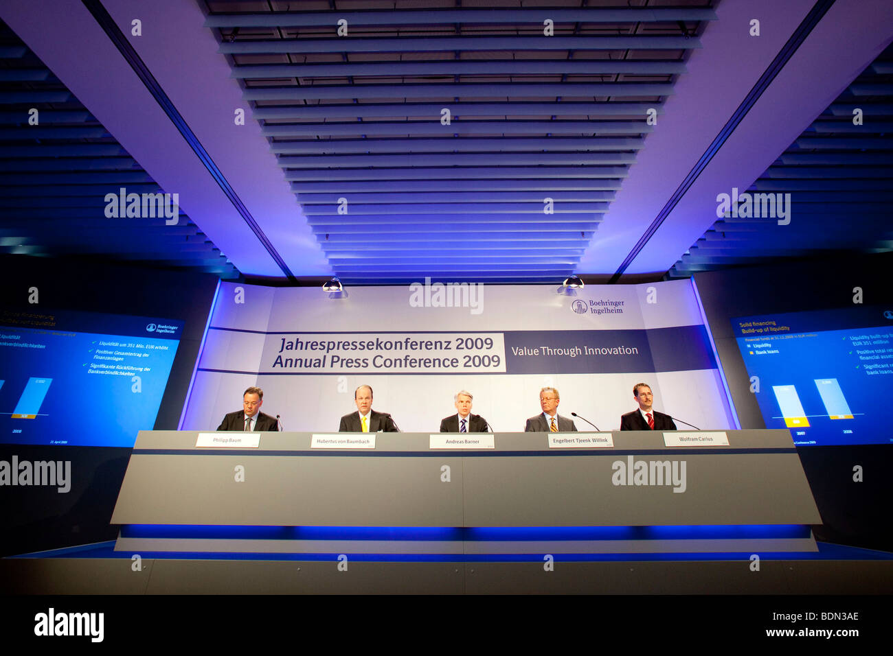Philip Baum, portavoz de la empresa, a la izquierda, Hubertus von Baumbach, segunda desde la izquierda, CFO, Andreas Barner, centro, Presidente, Engelbert Tj Foto de stock
