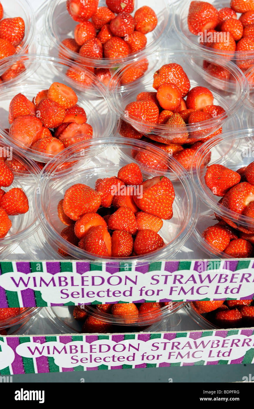 Fresas en cajas esperar a salir en pantalla en el césped buffet durante el 2009 Campeonatos de Tenis de Wimbledon Foto de stock