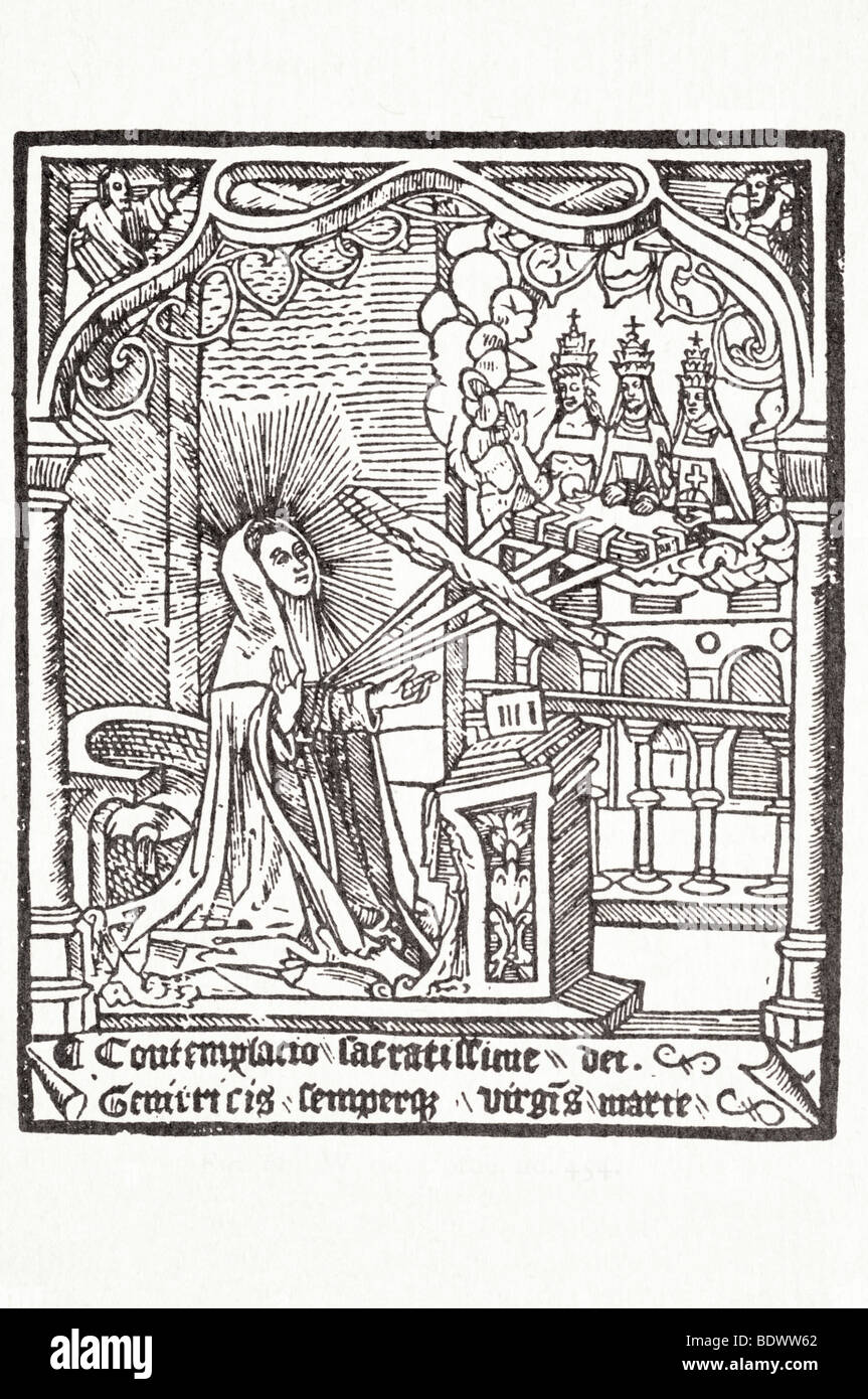 W de worde 1520 20 nov dyetary helthe fantasmal de santa Catalina de Siena en una sin reborde nimbus arrodillado ante un libro abierto en una STA. Foto de stock