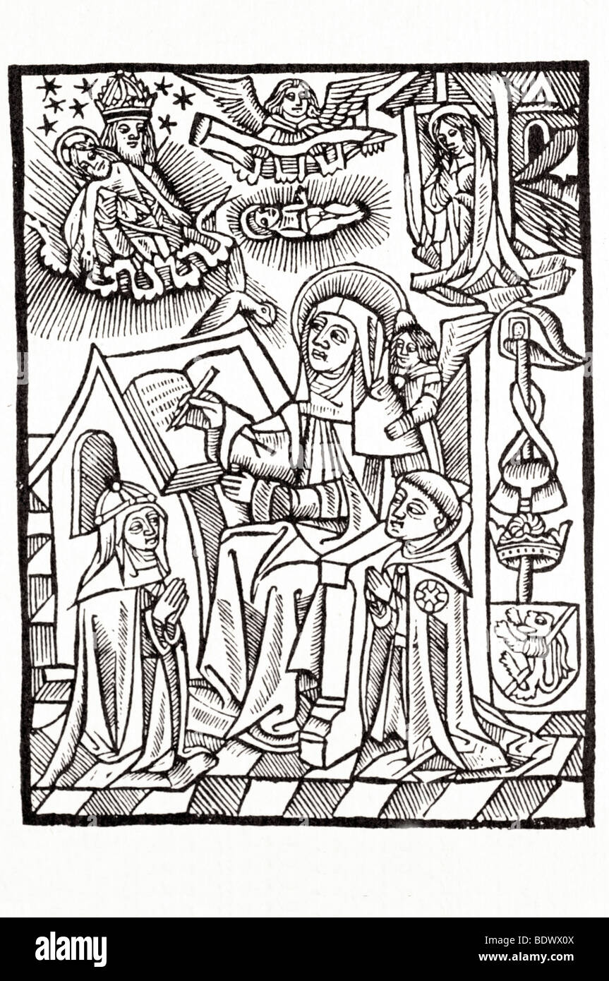 J skot 1521 15 de noviembre de fantasmales dyetary helthe santa Brígida de Suecia, teniendo una visión como ella escribe una monja y un monje arrodillado s Foto de stock